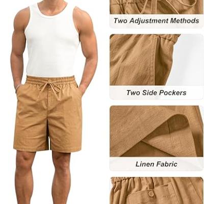 Mens Cotton Linen Shorts Casual Drawstring 7inch Inseam Shorts Stretch Summer Beach Wear
