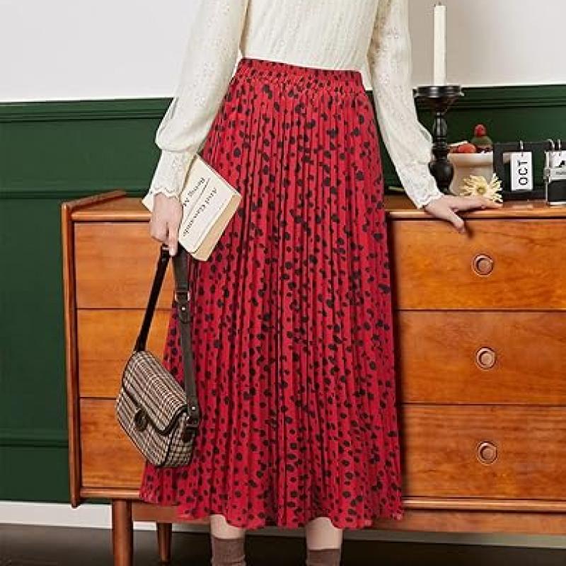 Womens Skirt Leopard Print Midi Long Shirring Pleated Skirts High Waisted A Line Skirts