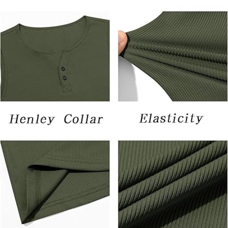 Mens Workout Tank Tops Summer Gym Muscle Ribbed Sleeveless Henley Shirt Casual Knitted Slim Fit Beach