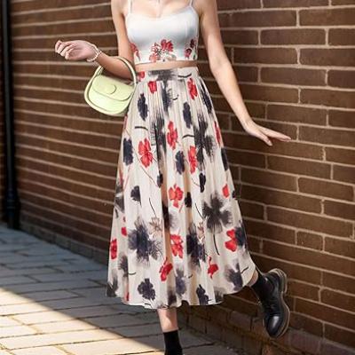 Womens Skirt Leopard Print Midi Long Shirring Pleated Skirts High Waisted A Line Skirts
