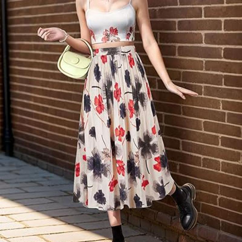 Womens Skirt Leopard Print Midi Long Shirring Pleated Skirts High Waisted A Line Skirts