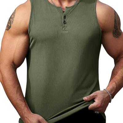 Mens Workout Tank Tops Summer Gym Muscle Ribbed Sleeveless Henley Shirt Casual Knitted Slim Fit Beach