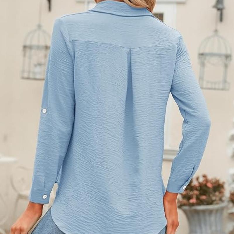 Womens Button Down Shirts V Neck Rolled Up Long Sleeve Tops Elegant Dressy Blouses Business Casual Outfits