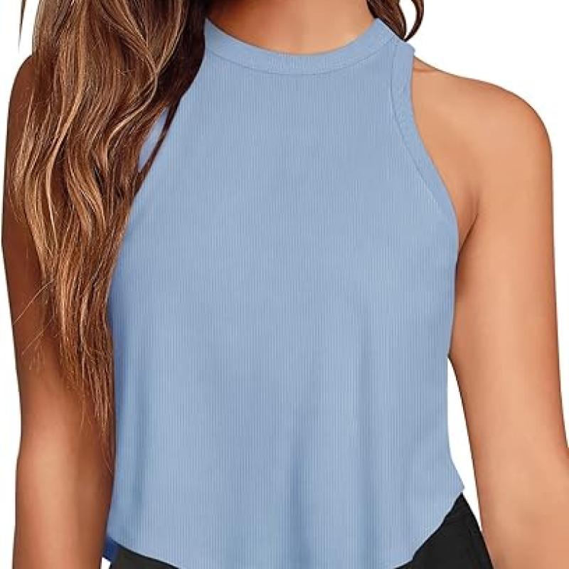 Womens Crop Tops Sleeveless Workout Tops Halter Neck Flowy Athletic Shirts Cropped Tank Muscle Tank