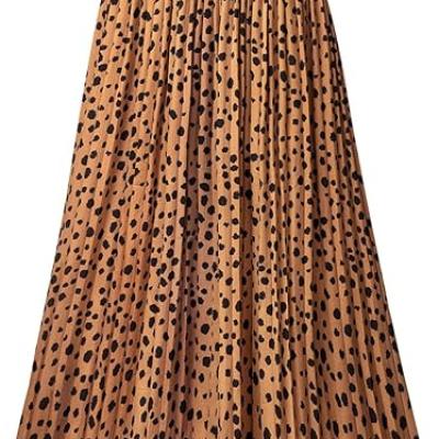 Womens Skirt Leopard Print Midi Long Shirring Pleated Skirts High Waisted A Line Skirts