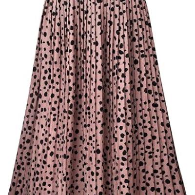 Womens Skirt Leopard Print Midi Long Shirring Pleated Skirts High Waisted A Line Skirts