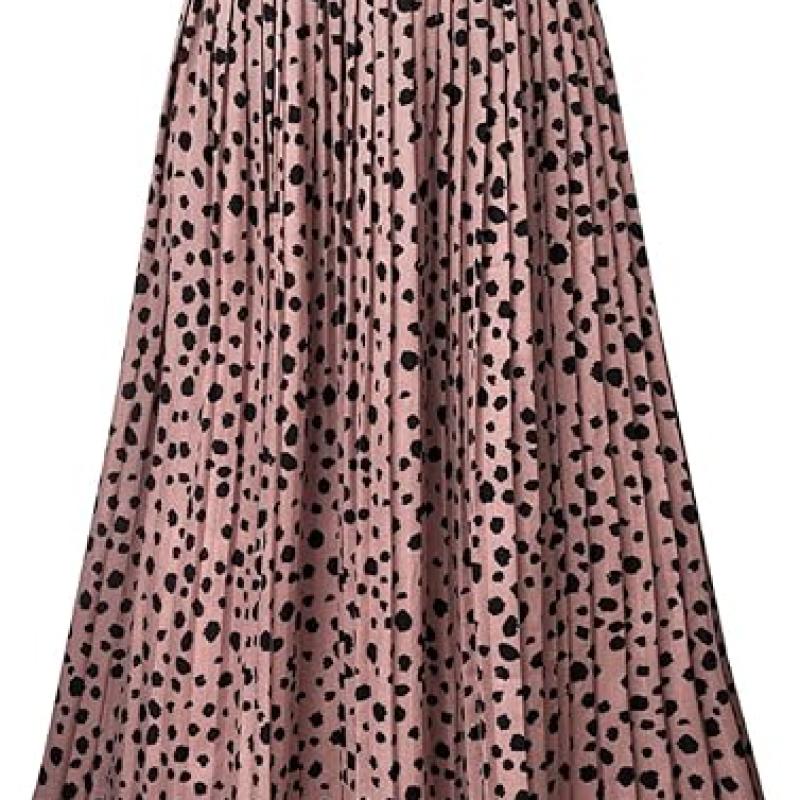 Womens Skirt Leopard Print Midi Long Shirring Pleated Skirts High Waisted A Line Skirts