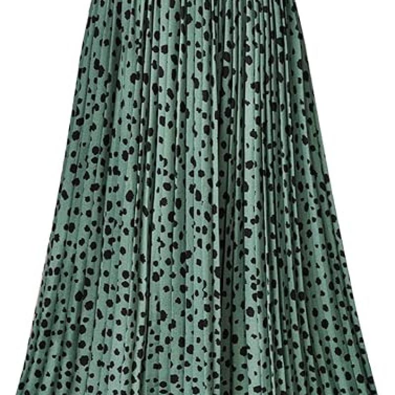 Womens Skirt Leopard Print Midi Long Shirring Pleated Skirts High Waisted A Line Skirts