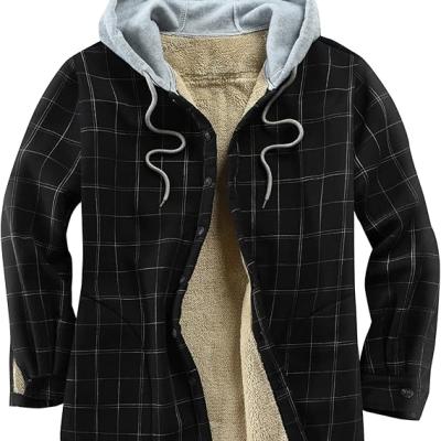 Men's Cotton Plaid Shirts Jacket Fleece Lined Flannel Shirts Sherpa Button Down Jackets with Hood for Men