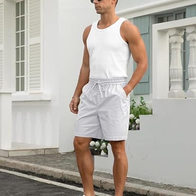 Mens Cotton Linen Shorts Casual Drawstring 7inch Inseam Shorts Stretch Summer Beach Wear