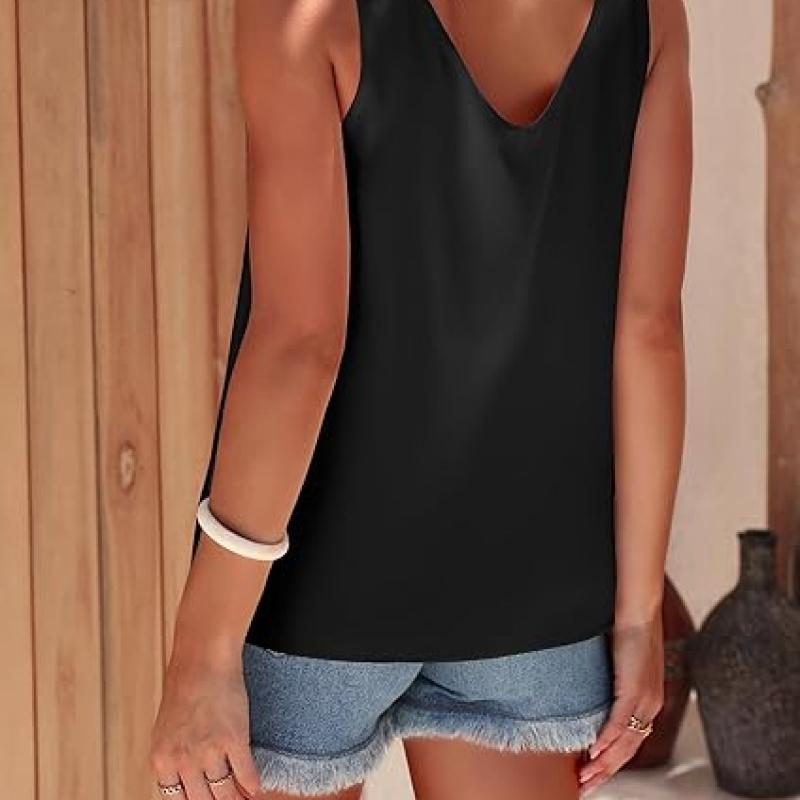 Womens Silk Satin Tank Tops V Neck Casual Cami Sleeveless Camisole Blouses Summer Basic Tank Shirt