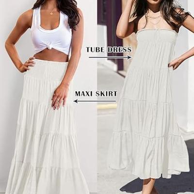 Women's Summer Flowy Boho Maxi Skirt Trendy Drawstring Elastic High Waist Pleated Tiered A Line Beach Long Skirts