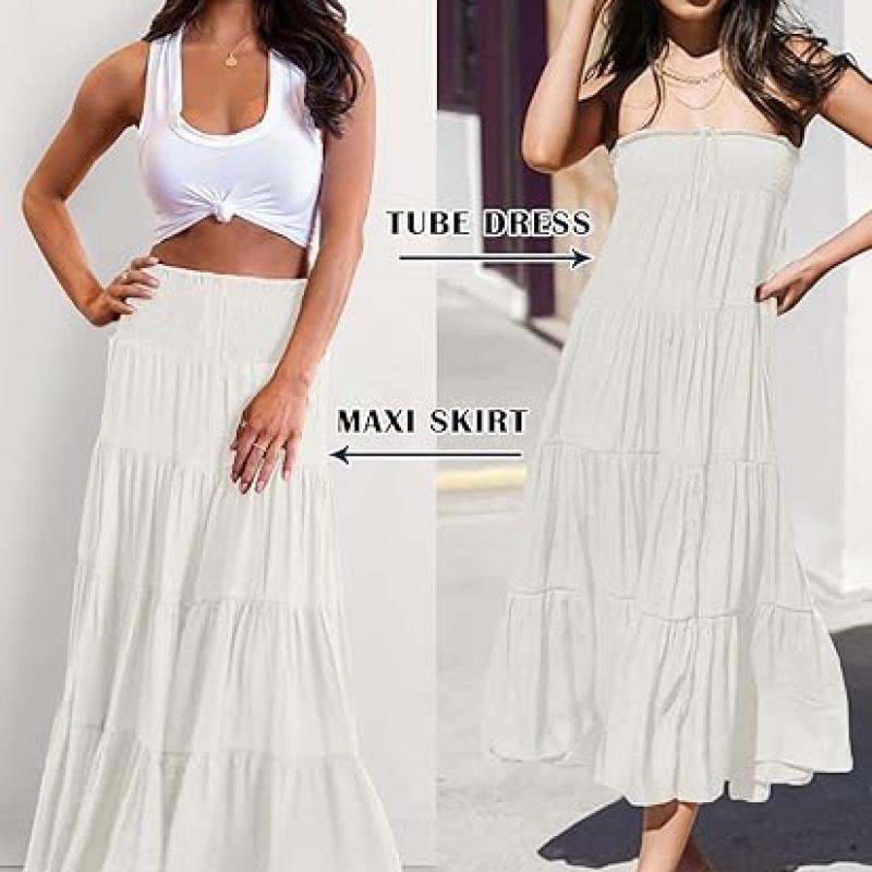 Women's Summer Flowy Boho Maxi Skirt Trendy Drawstring Elastic High Waist Pleated Tiered A Line Beach Long Skirts