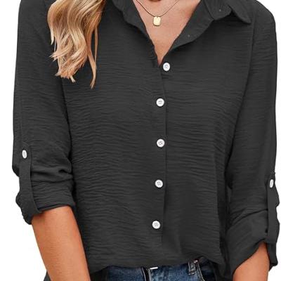 Womens Button Down Shirts V Neck Rolled Up Long Sleeve Tops Elegant Dressy Blouses Business Casual Outfits