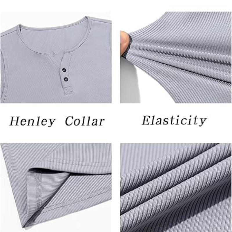 Mens Workout Tank Tops Summer Gym Muscle Ribbed Sleeveless Henley Shirt Casual Knitted Slim Fit Beach