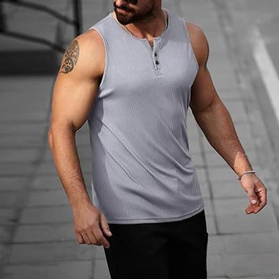 Mens Workout Tank Tops Summer Gym Muscle Ribbed Sleeveless Henley Shirt Casual Knitted Slim Fit Beach