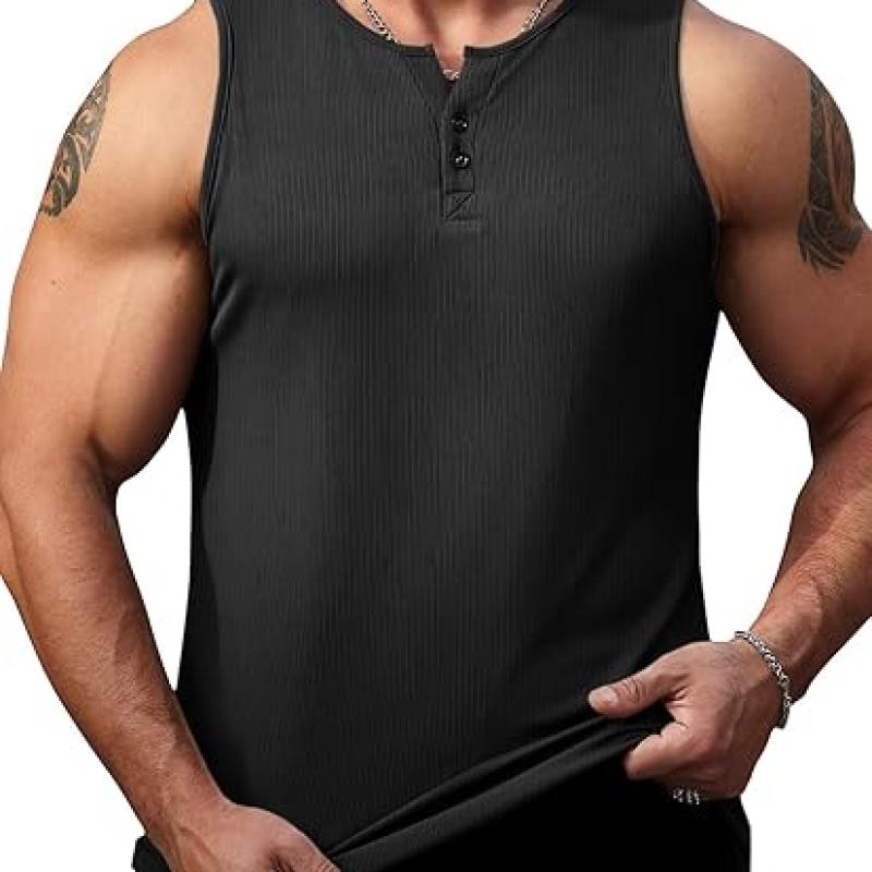 Mens Workout Tank Tops Summer Gym Muscle Ribbed Sleeveless Henley Shirt Casual Knitted Slim Fit Beach