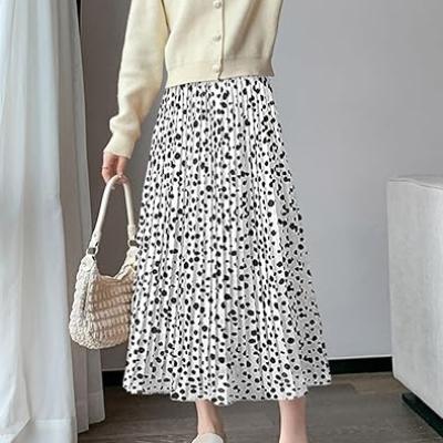 Womens Skirt Leopard Print Midi Long Shirring Pleated Skirts High Waisted A Line Skirts