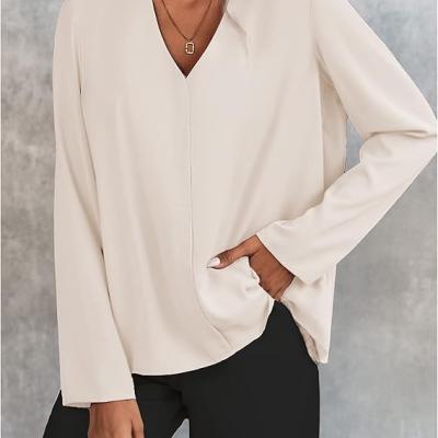 Women's Long Sleeve Shirts V Neck Business Casual Plain Work Blouses Tops