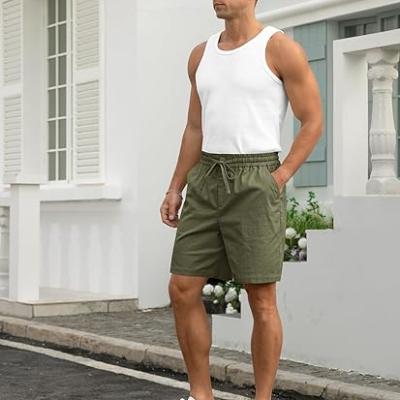 Mens Cotton Linen Shorts Casual Drawstring 7inch Inseam Shorts Stretch Summer Beach Wear