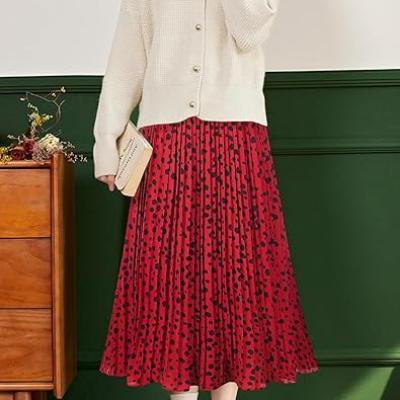 Womens Skirt Leopard Print Midi Long Shirring Pleated Skirts High Waisted A Line Skirts