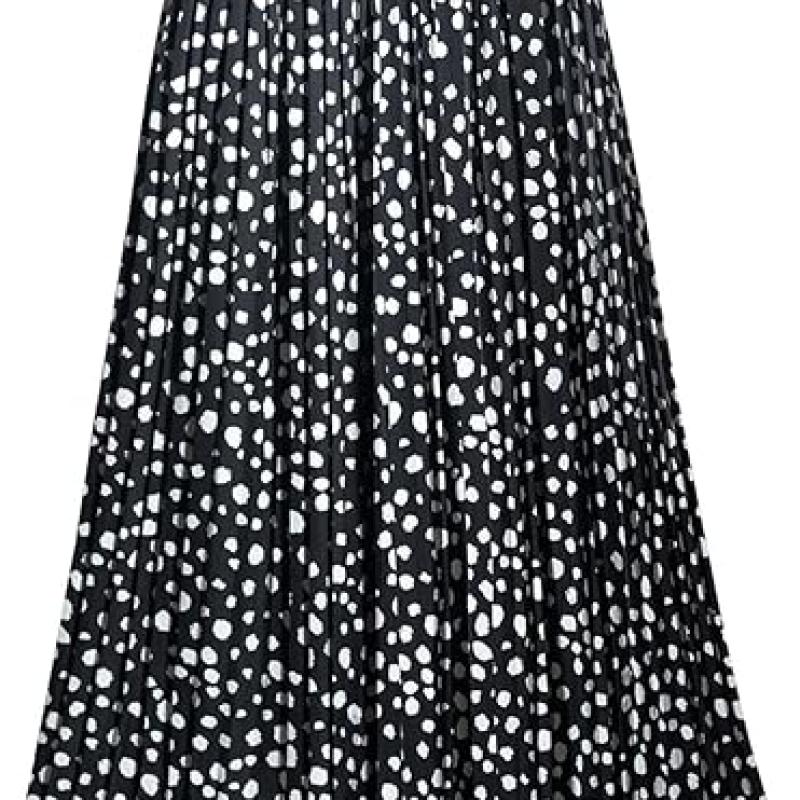 Womens Skirt Leopard Print Midi Long Shirring Pleated Skirts High Waisted A Line Skirts