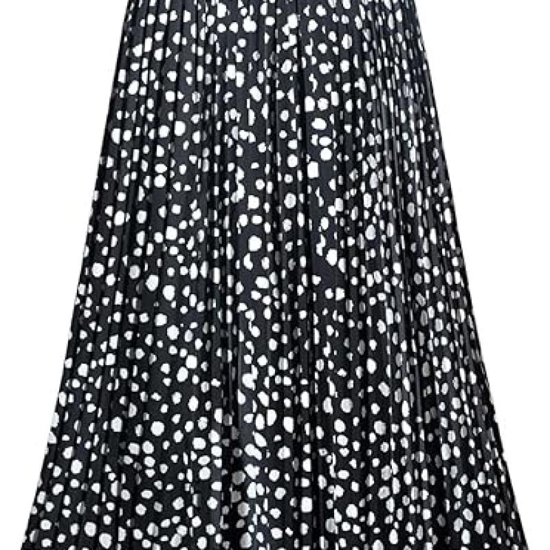 Womens Skirt Leopard Print Midi Long Shirring Pleated Skirts High Waisted A Line Skirts