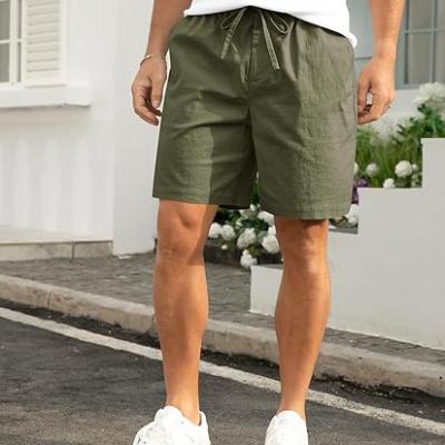 Mens Cotton Linen Shorts Casual Drawstring 7inch Inseam Shorts Stretch Summer Beach Wear