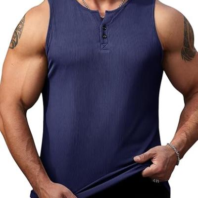 Mens Workout Tank Tops Summer Gym Muscle Ribbed Sleeveless Henley Shirt Casual Knitted Slim Fit Beach
