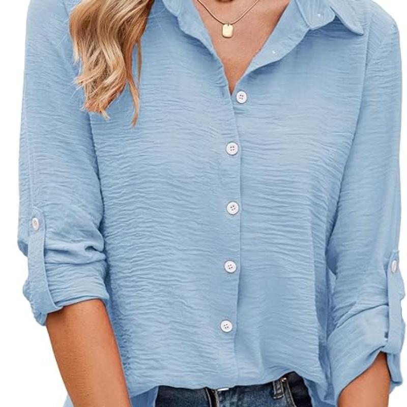 Womens Button Down Shirts V Neck Rolled Up Long Sleeve Tops Elegant Dressy Blouses Business Casual Outfits