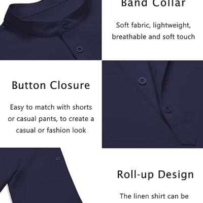 Men's Casual Henley Shirt Short Sleeve Band Collar Linen Shirt Summer Beach Hippie T-Shirts