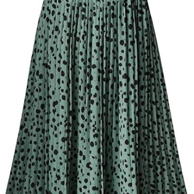 Womens Skirt Leopard Print Midi Long Shirring Pleated Skirts High Waisted A Line Skirts