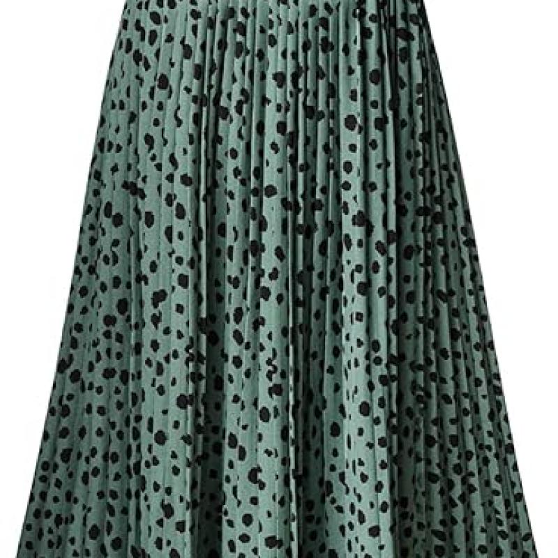 Womens Skirt Leopard Print Midi Long Shirring Pleated Skirts High Waisted A Line Skirts