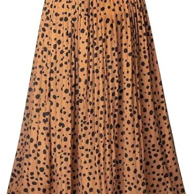 Womens Skirt Leopard Print Midi Long Shirring Pleated Skirts High Waisted A Line Skirts