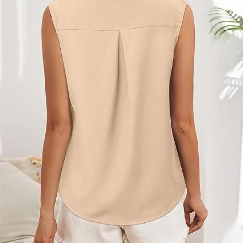 Womens Sleeveless Button Down Shirt Tops V Neck Business Casual Collared Blouses Tank Top