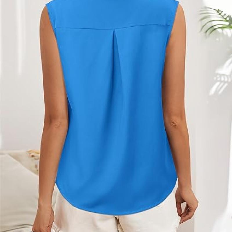 Womens Sleeveless Button Down Shirt Tops V Neck Business Casual Collared Blouses Tank Top