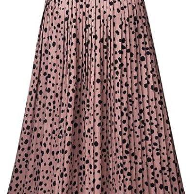 Womens Skirt Leopard Print Midi Long Shirring Pleated Skirts High Waisted A Line Skirts