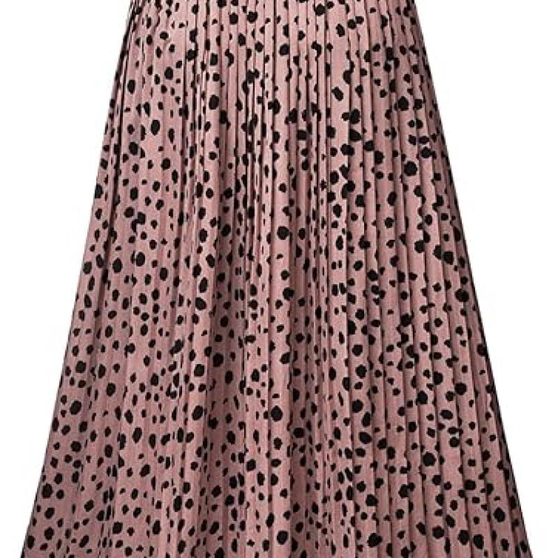 Womens Skirt Leopard Print Midi Long Shirring Pleated Skirts High Waisted A Line Skirts
