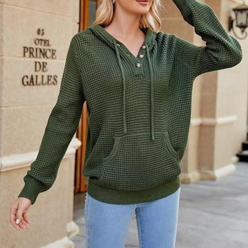 Fall Womens Oversized Hoodies Knit V Neck Sweaters Fashion Casual Pullover Tops