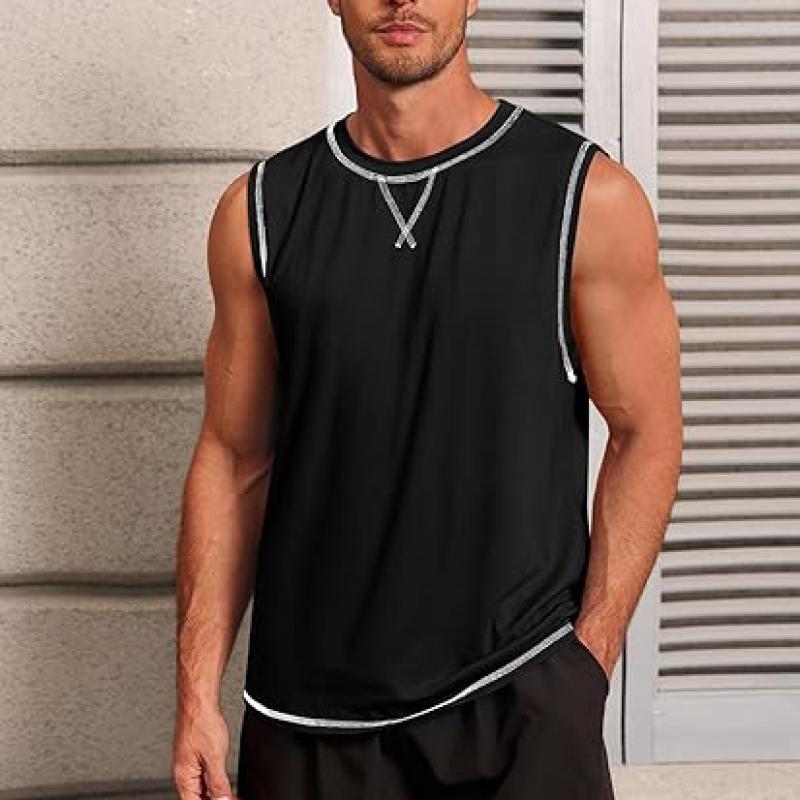 Mens Workout Tank Tops Sleeveless Casual Crewneck Beach T Shirt Muscle Athletic Gym Running Tee