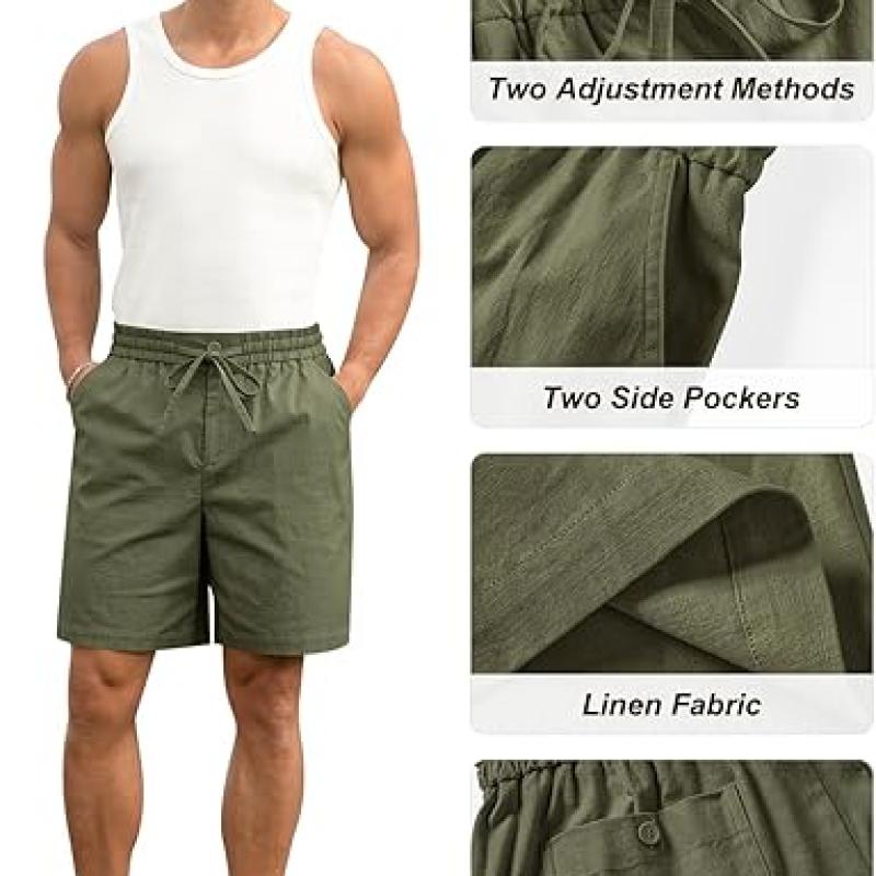 Mens Cotton Linen Shorts Casual Drawstring 7inch Inseam Shorts Stretch Summer Beach Wear