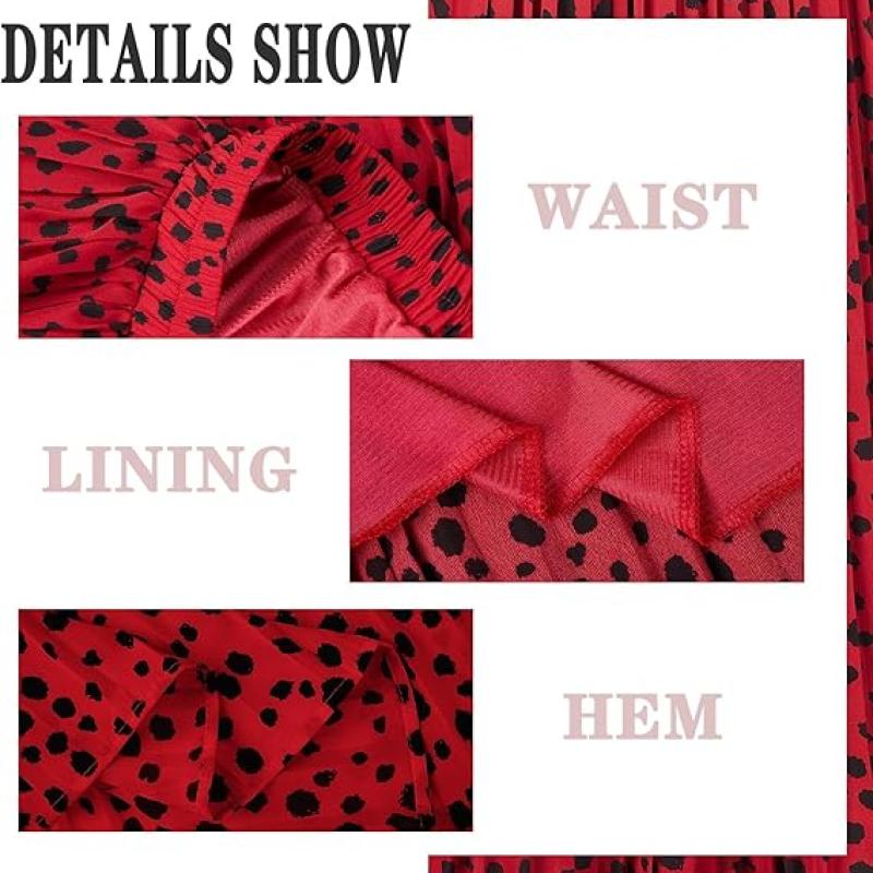Womens Skirt Leopard Print Midi Long Shirring Pleated Skirts High Waisted A Line Skirts