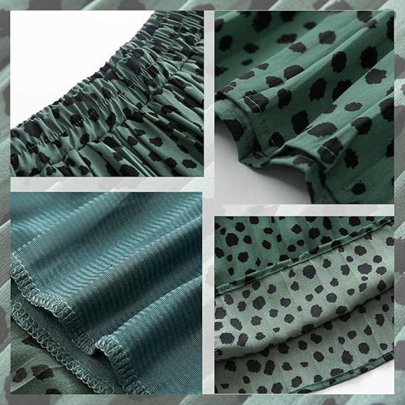 Womens Skirt Leopard Print Midi Long Shirring Pleated Skirts High Waisted A Line Skirts