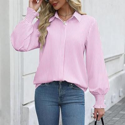 Womens Button Down Shirts Smocked Cuffed Blouse Printed Lantern Shirt Long Sleeve Top Collar Business Fashion