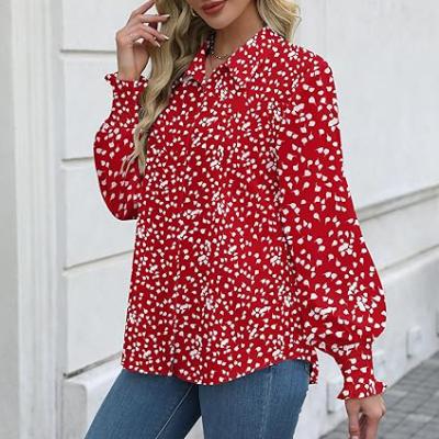 Womens Button Down Shirts Smocked Cuffed Blouse Printed Lantern Shirt Long Sleeve Top Collar Business Fashion