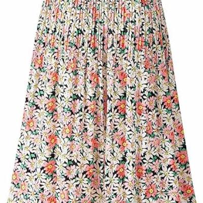 Womens Skirt Leopard Print Midi Long Shirring Pleated Skirts High Waisted A Line Skirts