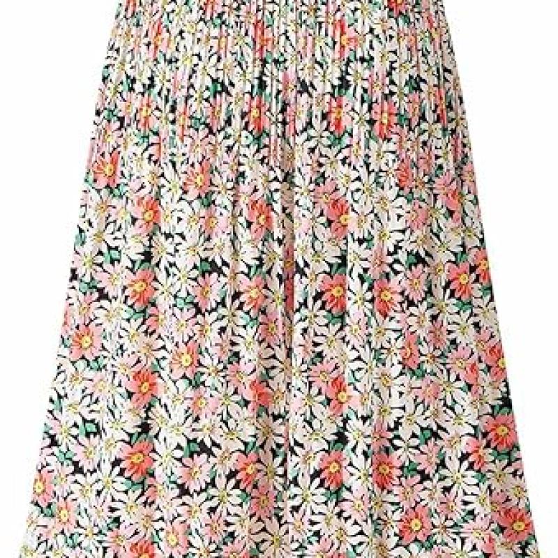 Womens Skirt Leopard Print Midi Long Shirring Pleated Skirts High Waisted A Line Skirts