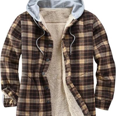 Men's Cotton Plaid Shirts Jacket Fleece Lined Flannel Shirts Sherpa Button Down Jackets with Hood for Men