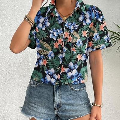 Womens Button Down Linen Shirt Short Sleeve Cotton Blouse Summer Casual Loose Fit Beach Tops