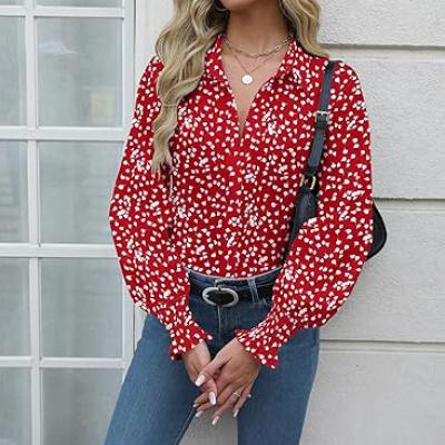 Womens Button Down Shirts Smocked Cuffed Blouse Printed Lantern Shirt Long Sleeve Top Collar Business Fashion